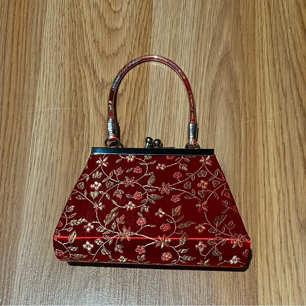 Mini SATIN Brocade fabric Red Floral  women’s Asian purse
